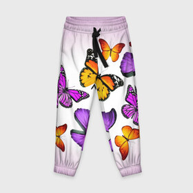 Детские брюки 3D с принтом Butterflies в Белгороде, 100% полиэстер | манжеты по низу, эластичный пояс регулируется шнурком, по бокам два кармана без застежек, внутренняя часть кармана из мелкой сетки | бабочки | белый | картинка | лето | природа | рисунок | розовый | цвета