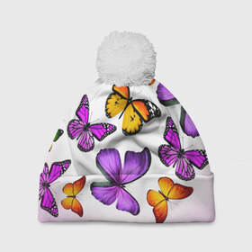 Шапка 3D c помпоном с принтом Butterflies в Белгороде, 100% полиэстер | универсальный размер, печать по всей поверхности изделия | бабочки | белый | картинка | лето | природа | рисунок | розовый | цвета