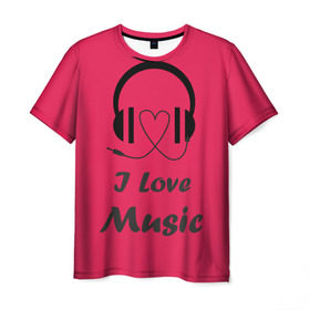 Мужская футболка 3D с принтом Я люблю музыку в Белгороде, 100% полиэфир | прямой крой, круглый вырез горловины, длина до линии бедер | i love music | наушники | розовый | сердце