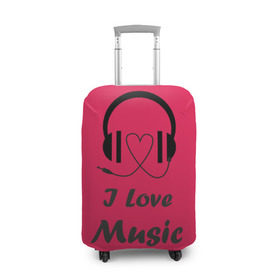 Чехол для чемодана 3D с принтом Я люблю музыку в Белгороде, 86% полиэфир, 14% спандекс | двустороннее нанесение принта, прорези для ручек и колес | i love music | наушники | розовый | сердце