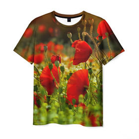 Мужская футболка 3D с принтом Маки в Белгороде, 100% полиэфир | прямой крой, круглый вырез горловины, длина до линии бедер | Тематика изображения на принте: field | flowers | meadow | nature | poppies | poppy | red | summer | wild | красные | лето | луг | мак | маки | поле | полевые | природа | цветы