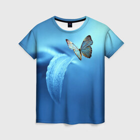 Женская футболка 3D с принтом Бабочка 2 в Белгороде, 100% полиэфир ( синтетическое хлопкоподобное полотно) | прямой крой, круглый вырез горловины, длина до линии бедер | бабочки | прикольные картинки | природа | цветы