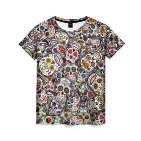 Женская футболка 3D с принтом Мексиканские черепа в Белгороде, 100% полиэфир ( синтетическое хлопкоподобное полотно) | прямой крой, круглый вырез горловины, длина до линии бедер | calavera | sugar skull | день мертвых | мексика | традиция | узоры | цветы