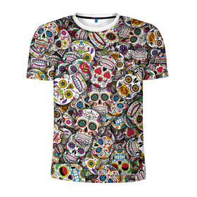 Мужская футболка 3D спортивная с принтом Мексиканские черепа в Белгороде, 100% полиэстер с улучшенными характеристиками | приталенный силуэт, круглая горловина, широкие плечи, сужается к линии бедра | calavera | sugar skull | день мертвых | мексика | традиция | узоры | цветы