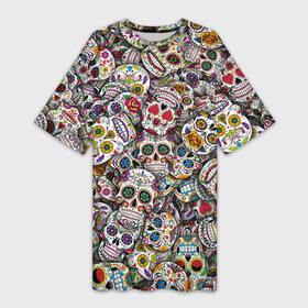 Платье-футболка 3D с принтом Мексиканские черепа в Белгороде,  |  | calavera | sugar skull | день мертвых | мексика | традиция | узоры | цветы