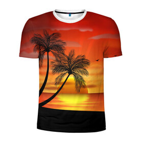 Мужская футболка 3D спортивная с принтом Закат 1 в Белгороде, 100% полиэстер с улучшенными характеристиками | приталенный силуэт, круглая горловина, широкие плечи, сужается к линии бедра | Тематика изображения на принте: море | отдых | отпуск | пальмы | пляж | солнце | туризм