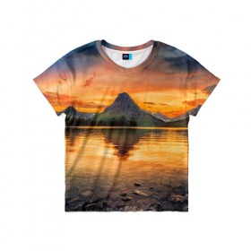Детская футболка 3D с принтом Гора в Белгороде, 100% гипоаллергенный полиэфир | прямой крой, круглый вырез горловины, длина до линии бедер, чуть спущенное плечо, ткань немного тянется | лес | небо | озеро | отражение | пейзаж | природа | солнце
