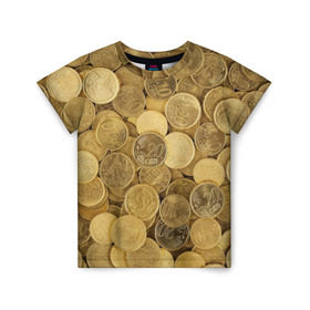 Детская футболка 3D с принтом монетки в Белгороде, 100% гипоаллергенный полиэфир | прямой крой, круглый вырез горловины, длина до линии бедер, чуть спущенное плечо, ткань немного тянется | деньги | евро | копейки | мелочёвка | мелочь | монеты