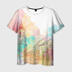 Мужская футболка 3D с принтом акварельный город в Белгороде, 100% полиэфир | прямой крой, круглый вырез горловины, длина до линии бедер | sity | акварель | венеция | вода | город | графика | европа | живопись | лето | лодки | мост | принт | свет