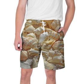 Мужские шорты 3D с принтом ракушки на песке в Белгороде,  полиэстер 100% | прямой крой, два кармана без застежек по бокам. Мягкая трикотажная резинка на поясе, внутри которой широкие завязки. Длина чуть выше колен | лето | море | песок | пляж | ракушки