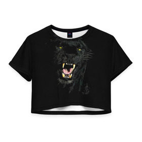 Женская футболка 3D укороченная с принтом Чёрная пантера в Белгороде, 100% полиэстер | круглая горловина, длина футболки до линии талии, рукава с отворотами | Тематика изображения на принте: кошка | оскал | пантера | прикольные картинки