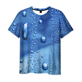 Мужская футболка 3D с принтом Капли воды на стекле в Белгороде, 100% полиэфир | прямой крой, круглый вырез горловины, длина до линии бедер | Тематика изображения на принте: вода | капли | крупные | мелкие | синий | стекло