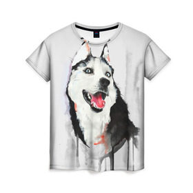 Женская футболка 3D с принтом Хаски в Белгороде, 100% полиэфир ( синтетическое хлопкоподобное полотно) | прямой крой, круглый вырез горловины, длина до линии бедер | голова животного | кутёнок | прикольные картинки | собака | щенок