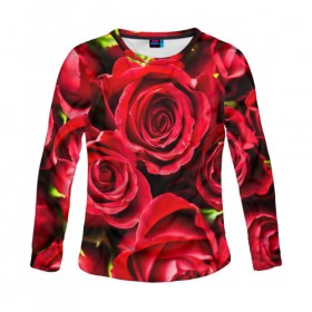 Женский лонгслив 3D с принтом Розы в Белгороде, 100% полиэстер | длинные рукава, круглый вырез горловины, полуприлегающий силуэт | красный | лепестки | прикольные картинки | розы | цветочки | цветы
