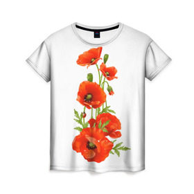 Женская футболка 3D с принтом Маки в Белгороде, 100% полиэфир ( синтетическое хлопкоподобное полотно) | прямой крой, круглый вырез горловины, длина до линии бедер | field | flowers | poppies | poppy | red | wild | красные | мак | маки | поле | полевые | цветы