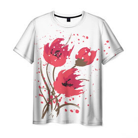 Мужская футболка 3D с принтом Маки в Белгороде, 100% полиэфир | прямой крой, круглый вырез горловины, длина до линии бедер | art | drawing | flowers | poppies | poppy | red | wild | wind | арт | ветер | красные | мак | маки | полевые | рисунок | цветы