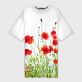 Платье-футболка 3D с принтом Маки в Белгороде,  |  | field | flowers | meadow | nature | poppies | poppy | red | summer | wild | красные | лето | луг | мак | маки | поле | полевые | природа | цветы