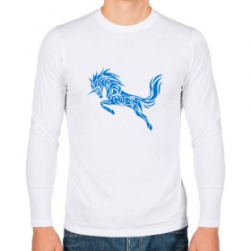 Мужской лонгслив хлопок с принтом Blue unicorn в Белгороде, 100% хлопок |  | вектор | грива | единорог | животное | конь | прыгающий | рог | синий | скачущий | существо | тату