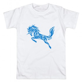 Мужская футболка хлопок с принтом Blue unicorn в Белгороде, 100% хлопок | прямой крой, круглый вырез горловины, длина до линии бедер, слегка спущенное плечо. | вектор | грива | единорог | животное | конь | прыгающий | рог | синий | скачущий | существо | тату