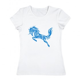 Женская футболка хлопок с принтом Blue unicorn в Белгороде, 100% хлопок | прямой крой, круглый вырез горловины, длина до линии бедер, слегка спущенное плечо | вектор | грива | единорог | животное | конь | прыгающий | рог | синий | скачущий | существо | тату