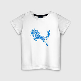 Детская футболка хлопок с принтом Blue unicorn в Белгороде, 100% хлопок | круглый вырез горловины, полуприлегающий силуэт, длина до линии бедер | Тематика изображения на принте: вектор | грива | единорог | животное | конь | прыгающий | рог | синий | скачущий | существо | тату