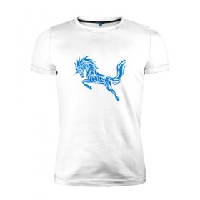Мужская футболка премиум с принтом Blue unicorn в Белгороде, 92% хлопок, 8% лайкра | приталенный силуэт, круглый вырез ворота, длина до линии бедра, короткий рукав | вектор | грива | единорог | животное | конь | прыгающий | рог | синий | скачущий | существо | тату