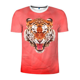 Мужская футболка 3D спортивная с принтом Полигональный Тигр в Белгороде, 100% полиэстер с улучшенными характеристиками | приталенный силуэт, круглая горловина, широкие плечи, сужается к линии бедра | красный | полигоны | тигр