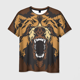 Мужская футболка 3D с принтом Медведь в Белгороде, 100% полиэфир | прямой крой, круглый вырез горловины, длина до линии бедер | animal | bear | beast | brown | face | fangs | head | taiga | teeth | wild | бурый | голова | дикий | животное | зверь | клыки | медведь | оскал | тайга