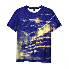 Мужская футболка 3D с принтом Корабль в Белгороде, 100% полиэфир | прямой крой, круглый вырез горловины, длина до линии бедер | Тематика изображения на принте: дождь | парусник | судно | фрегат