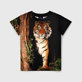 Детская футболка 3D с принтом Тигр в Белгороде, 100% гипоаллергенный полиэфир | прямой крой, круглый вырез горловины, длина до линии бедер, чуть спущенное плечо, ткань немного тянется | Тематика изображения на принте: дикая кошка | лес | природа | тигр | хищник