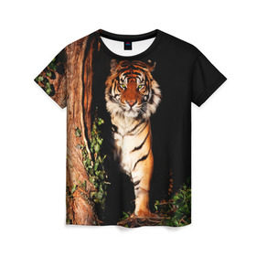 Женская футболка 3D с принтом Тигр в Белгороде, 100% полиэфир ( синтетическое хлопкоподобное полотно) | прямой крой, круглый вырез горловины, длина до линии бедер | дикая кошка | лес | природа | тигр | хищник