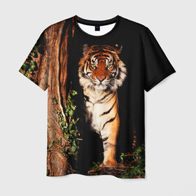 Мужская футболка 3D с принтом Тигр в Белгороде, 100% полиэфир | прямой крой, круглый вырез горловины, длина до линии бедер | дикая кошка | лес | природа | тигр | хищник