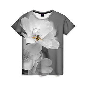 Женская футболка 3D с принтом Пчела на цветах в Белгороде, 100% полиэфир ( синтетическое хлопкоподобное полотно) | прямой крой, круглый вырез горловины, длина до линии бедер | лепестки | цветы