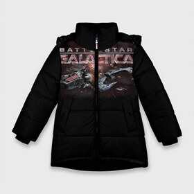 Зимняя куртка для девочек 3D с принтом Battlestar Galactica в Белгороде, ткань верха — 100% полиэстер; подклад — 100% полиэстер, утеплитель — 100% полиэстер. | длина ниже бедра, удлиненная спинка, воротник стойка и отстегивающийся капюшон. Есть боковые карманы с листочкой на кнопках, утяжки по низу изделия и внутренний карман на молнии. 

Предусмотрены светоотражающий принт на спинке, радужный светоотражающий элемент на пуллере молнии и на резинке для утяжки. | battlestar galactica | звездный крейсер галактика | космос | фантастика