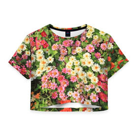 Женская футболка 3D укороченная с принтом Весеннее настроение в Белгороде, 100% полиэстер | круглая горловина, длина футболки до линии талии, рукава с отворотами | аромат | букет | вазон | великолепие | краски | красота | куст | луг | полевые цветы | полянка | природа | растения | розы | ромашки | тюльпаны | украшение | фауна | цветник | цветок | цветочек | цветы
