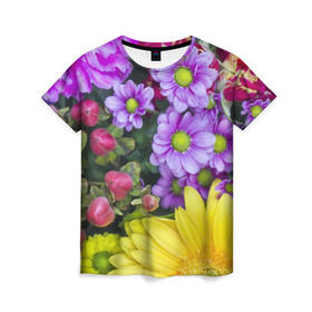 Женская футболка 3D с принтом Роскошные цветы в Белгороде, 100% полиэфир ( синтетическое хлопкоподобное полотно) | прямой крой, круглый вырез горловины, длина до линии бедер | аромат | астры | букет | вазон | великолепие | гвоздики | гиацинт | гортензия | калла | краски | красота | куст | лилия | орхидея | пион | подсолнух | полевые цветы | природа | растения | розы | ромашки