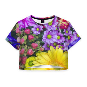 Женская футболка 3D укороченная с принтом Роскошные цветы в Белгороде, 100% полиэстер | круглая горловина, длина футболки до линии талии, рукава с отворотами | аромат | астры | букет | вазон | великолепие | гвоздики | гиацинт | гортензия | калла | краски | красота | куст | лилия | орхидея | пион | подсолнух | полевые цветы | природа | растения | розы | ромашки