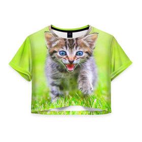 Женская футболка 3D укороченная с принтом Кися в Белгороде, 100% полиэстер | круглая горловина, длина футболки до линии талии, рукава с отворотами | домашние | животные | кот | котёнок | кошка | милый