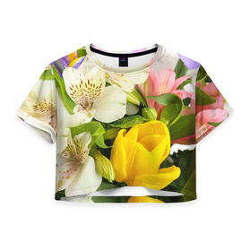 Женская футболка 3D укороченная с принтом Красивый букет в Белгороде, 100% полиэстер | круглая горловина, длина футболки до линии талии, рукава с отворотами | аромат | астры | букет | вазон | великолепие | гвоздики | гиацинт | гортензия | калла | краски | красота | куст | лилия | орхидея | пион | подсолнух | полевые цветы | природа | растения | розы | ромашки