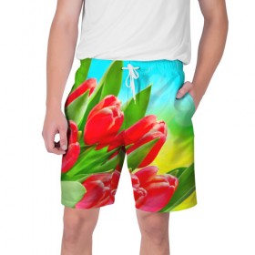Мужские шорты 3D с принтом Тюльпаны в Белгороде,  полиэстер 100% | прямой крой, два кармана без застежек по бокам. Мягкая трикотажная резинка на поясе, внутри которой широкие завязки. Длина чуть выше колен | краснык | природа | тюльпан | цветок