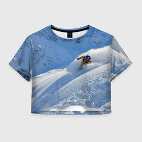Женская футболка 3D укороченная с принтом Спуск в Белгороде, 100% полиэстер | круглая горловина, длина футболки до линии талии, рукава с отворотами | гора | зима | лыжник | снег | спорт | спуск