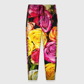Мужские брюки 3D с принтом Букет роз в Белгороде, 100% полиэстер | манжеты по низу, эластичный пояс регулируется шнурком, по бокам два кармана без застежек, внутренняя часть кармана из мелкой сетки | жёлтый | красный | лепестки | прикольные картинки | розы | цветочки | цветы