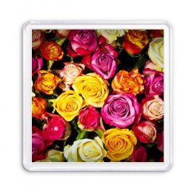 Магнит 55*55 с принтом Букет роз в Белгороде, Пластик | Размер: 65*65 мм; Размер печати: 55*55 мм | Тематика изображения на принте: жёлтый | красный | лепестки | прикольные картинки | розы | цветочки | цветы
