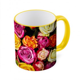Кружка 3D с принтом Букет роз в Белгороде, керамика | ёмкость 330 мл | жёлтый | красный | лепестки | прикольные картинки | розы | цветочки | цветы