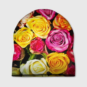 Шапка 3D с принтом Букет роз в Белгороде, 100% полиэстер | универсальный размер, печать по всей поверхности изделия | жёлтый | красный | лепестки | прикольные картинки | розы | цветочки | цветы