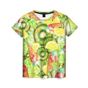 Женская футболка 3D с принтом Веселые фрукты 2 в Белгороде, 100% полиэфир ( синтетическое хлопкоподобное полотно) | прямой крой, круглый вырез горловины, длина до линии бедер | апельсин | арбуз | банан | виноград | груша | киви | мороженое | овощи | питание | ппп | правильное | тайланд | фрукт | яблоко