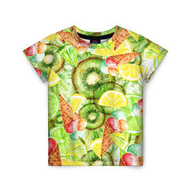 Детская футболка 3D с принтом Веселые фрукты 2 в Белгороде, 100% гипоаллергенный полиэфир | прямой крой, круглый вырез горловины, длина до линии бедер, чуть спущенное плечо, ткань немного тянется | Тематика изображения на принте: апельсин | арбуз | банан | виноград | груша | киви | мороженое | овощи | питание | ппп | правильное | тайланд | фрукт | яблоко