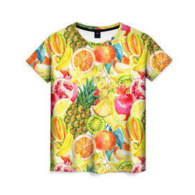 Женская футболка 3D с принтом Веселые фрукты 1 в Белгороде, 100% полиэфир ( синтетическое хлопкоподобное полотно) | прямой крой, круглый вырез горловины, длина до линии бедер | апельсин | арбуз | банан | виноград | груша | киви | овощи | питание | ппп | правильное | тайланд | фрукт | яблоко