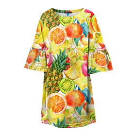 Детское платье 3D с принтом Веселые фрукты 1 в Белгороде, 100% полиэстер | прямой силуэт, чуть расширенный к низу. Круглая горловина, на рукавах — воланы | апельсин | арбуз | банан | виноград | груша | киви | овощи | питание | ппп | правильное | тайланд | фрукт | яблоко