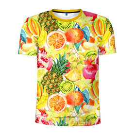 Мужская футболка 3D спортивная с принтом Веселые фрукты 1 в Белгороде, 100% полиэстер с улучшенными характеристиками | приталенный силуэт, круглая горловина, широкие плечи, сужается к линии бедра | апельсин | арбуз | банан | виноград | груша | киви | овощи | питание | ппп | правильное | тайланд | фрукт | яблоко